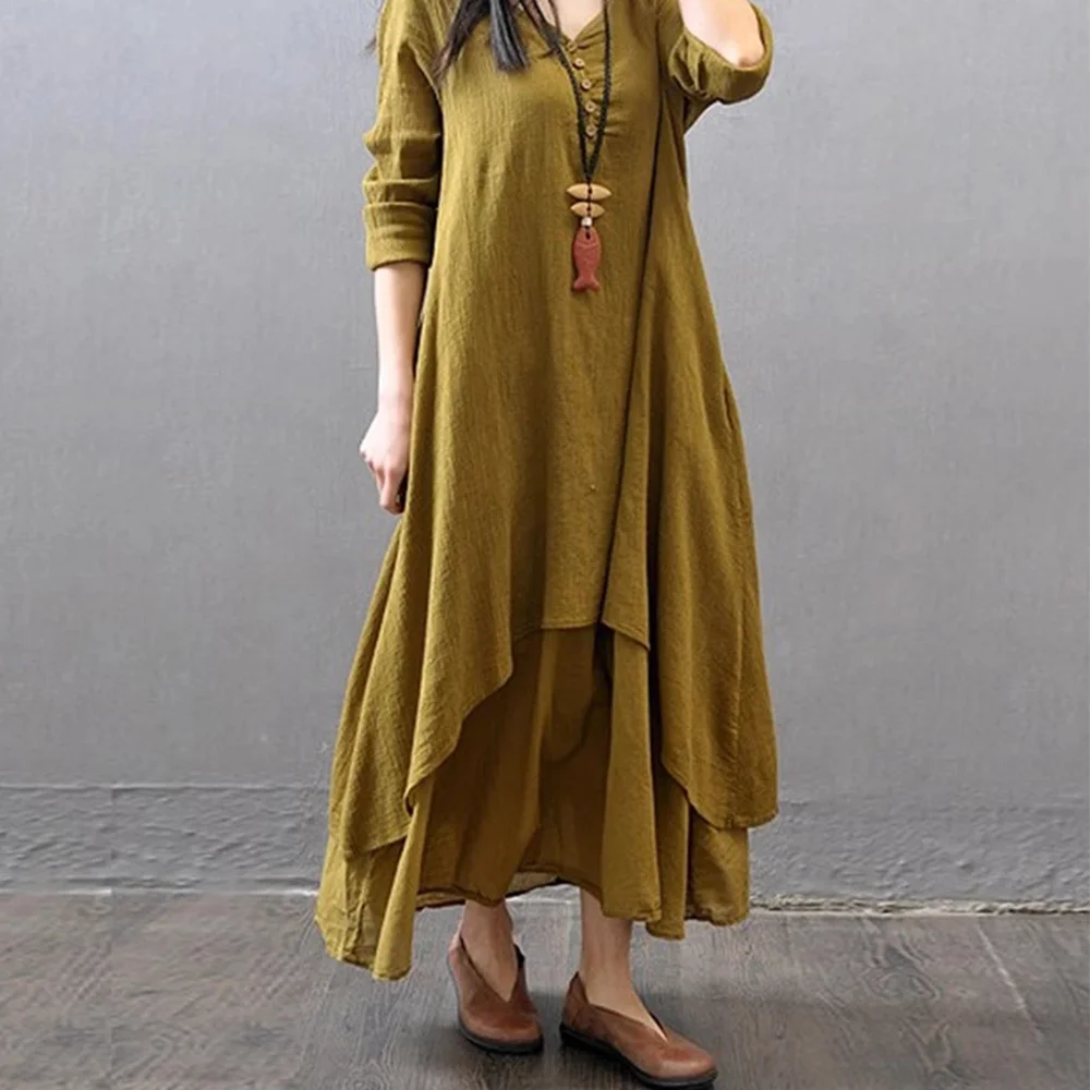 Women Maxi Dress 2022 Autumn New False Twopiece Long Sleeve Round Neck Loose Plus Size