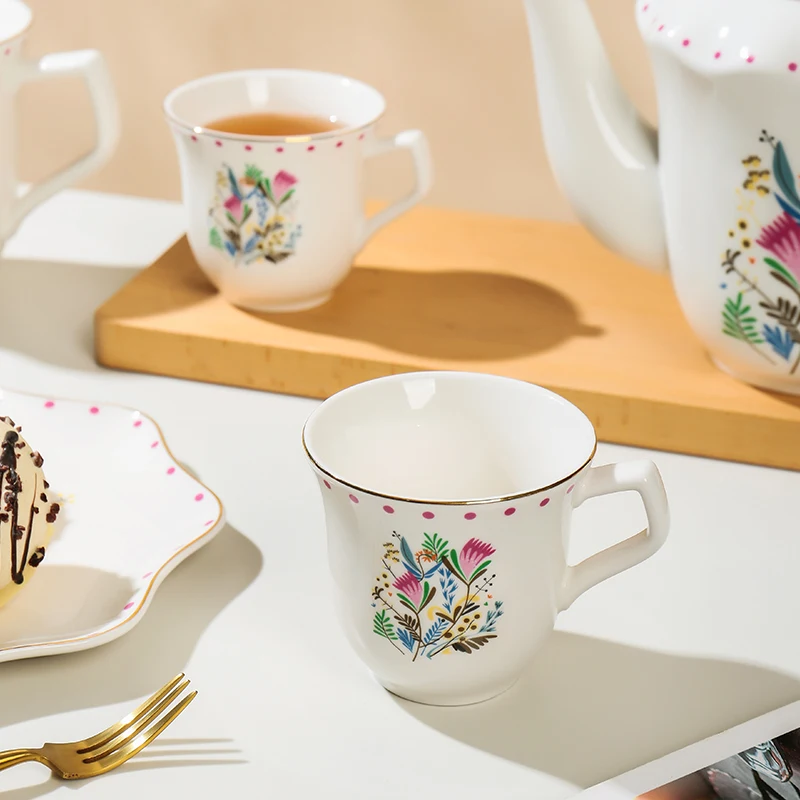 Spring Floral Patterned Side Dinnerware Porcelain Salad Plates Pink Rose and Gold White Wedding Set details