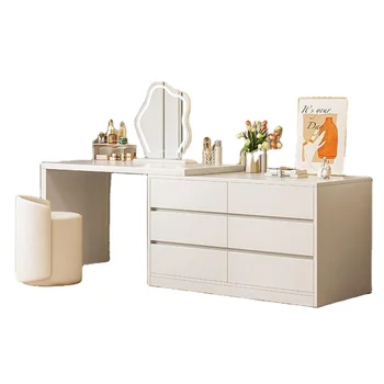 White Telescopic Vanity Makeup, Bedroom  Bedside Cabinet with Corner Dressing Table with Led Lights Mirror and Cushioned Stool