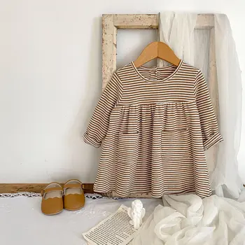 2024 Autumn infant girl baby round neck striped knitted long sleeve pocket skirt loose dress