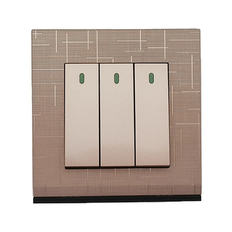VNX UK Standard Gold Wire Drawing Color There Gang 10A Wall Switches With Neon Electrical Switches for Home