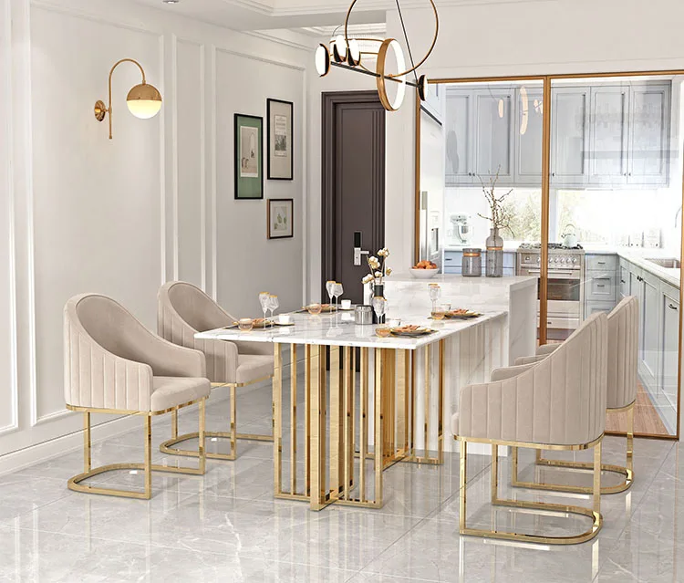 Modern Style Gold Dining Table With Chair Metal Base Stainless Steel