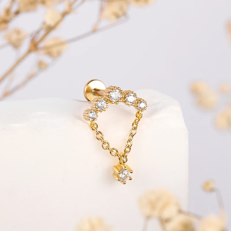 POENNIS 18K Gold Plated Helix Pierced Thread Earring Stud  Women Piercing Jewelry with Chain Link Rook Piercing Earrings
