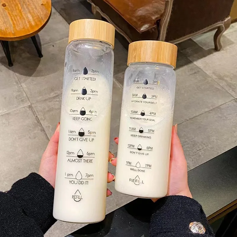 700ml 1000ml Glass Water Bottles with Time Marker Reminder Motivational Water Bottles