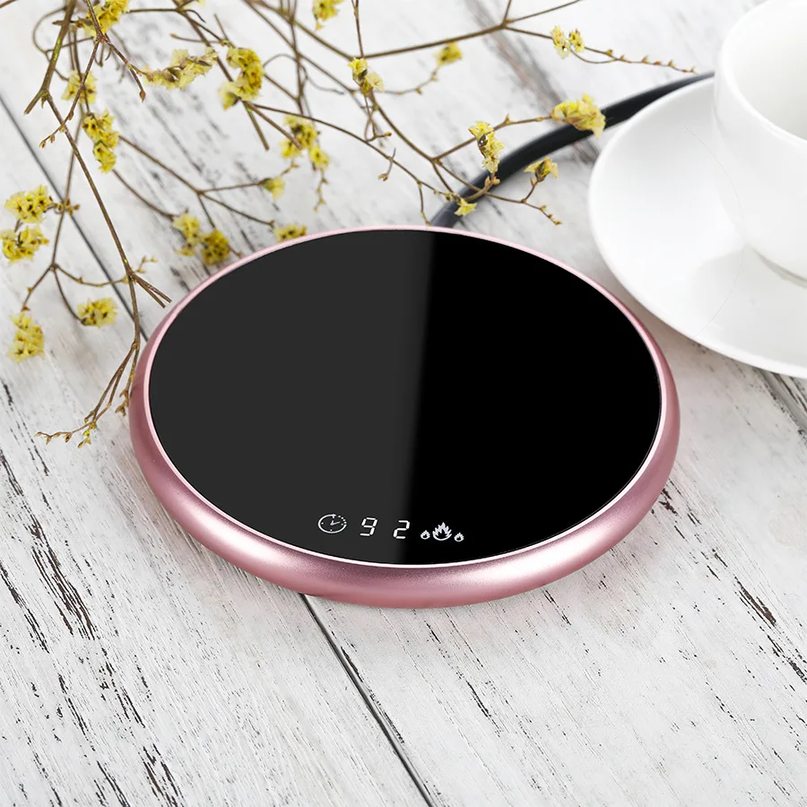 Smart Round coaster Touch Sensor Self Heating Metal Shell Glass Panel Digital Display Coffee Cup Warmer