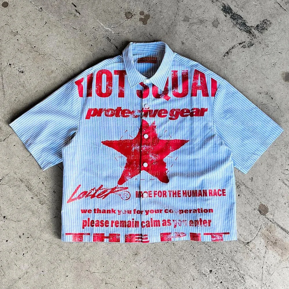 Custom High Quality Streetwear Hip Hop Screen Printed Shorts Sleeve Stripe Boxy Fit Polo Collar T-shirts Button up Shirts Men gallery 5