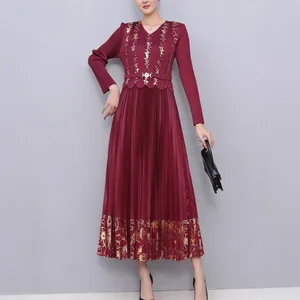 High Quality Women's Casual Dress with Stylish Design Stretchy V-neck Midi Dress Pleated Print Office Dress