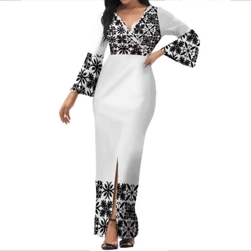 tahitian dress designs New Custom Polynesian Hawaii Tribal Design V Neck Fishtail Samoa Dress Half Sleeve Maxi Mermaid Dress Women
