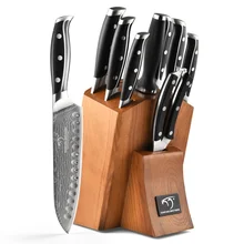 9 Pieces  Damascus Knife Set Kitchen Knife Set with  Wooden Block and Non-slip ABS Handle