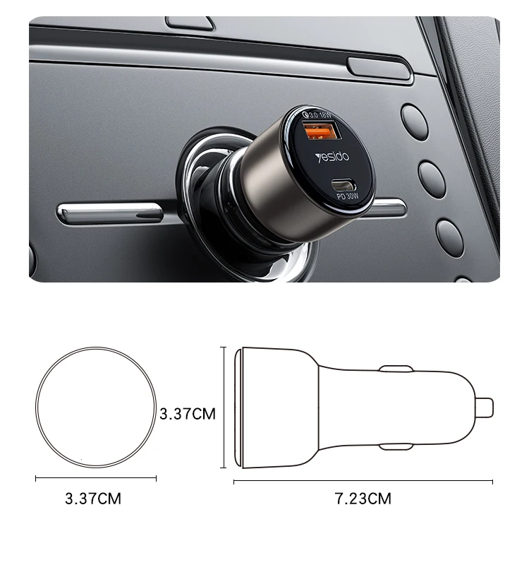 Yesido 48W Usb+Type-C Dual Port Support QC3.0 Safe Fast Charging Translucent Design Aluminium Alloy Car Charger