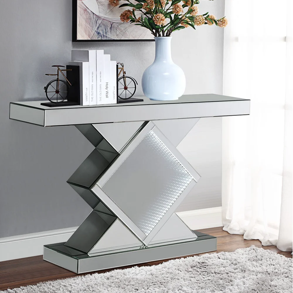 Luxury Gold  Living Room Glass Furniture Table  Mirrored Console Table with LED Wall Mirror