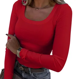 Spring and Summer Women's Threaded Pit Strip Slimming Long Sleeve Square Neck T-shirt