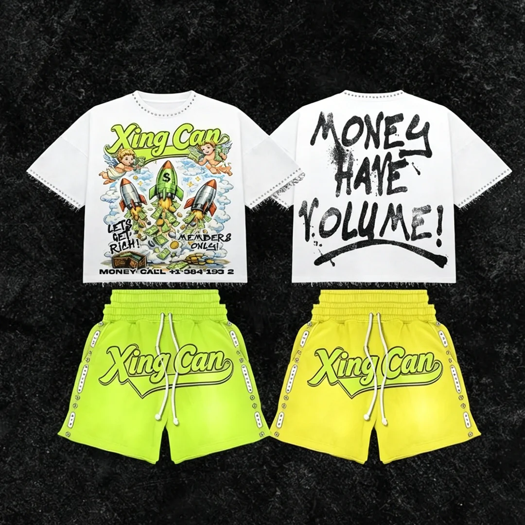 Dostosowany męski komplet streetwear: koszulka z rękawem raglan i spodenki z kryształkami, dwuczęściowy sportowy zestaw z nadrukiem cyfrowym DTG