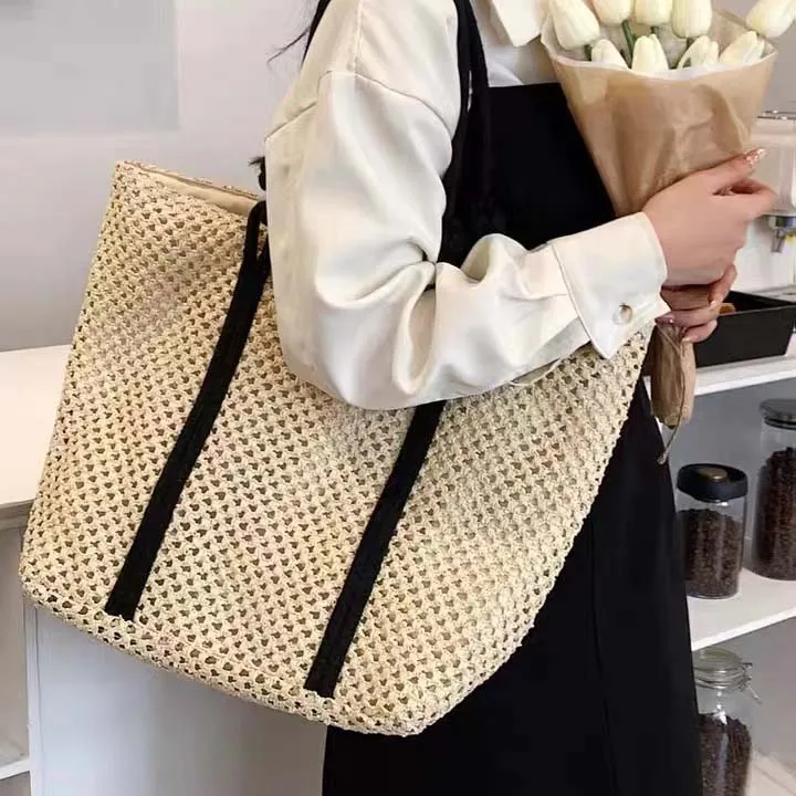 Natural Paper Straw Crochet Handmade Tote Bag Fashion Lady Beach Bag With Rope Handle