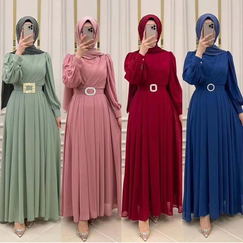 Dubai Woman Muslim Dress Clothing Long Sleeves Round Collar Solid Color ...