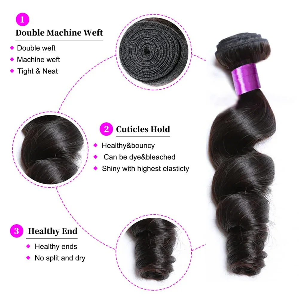 Extensions de tissage en cheveux humains malaisiens Loose Wave 30 pouces 1/3/4 pièces pour femme noire_voghion.com