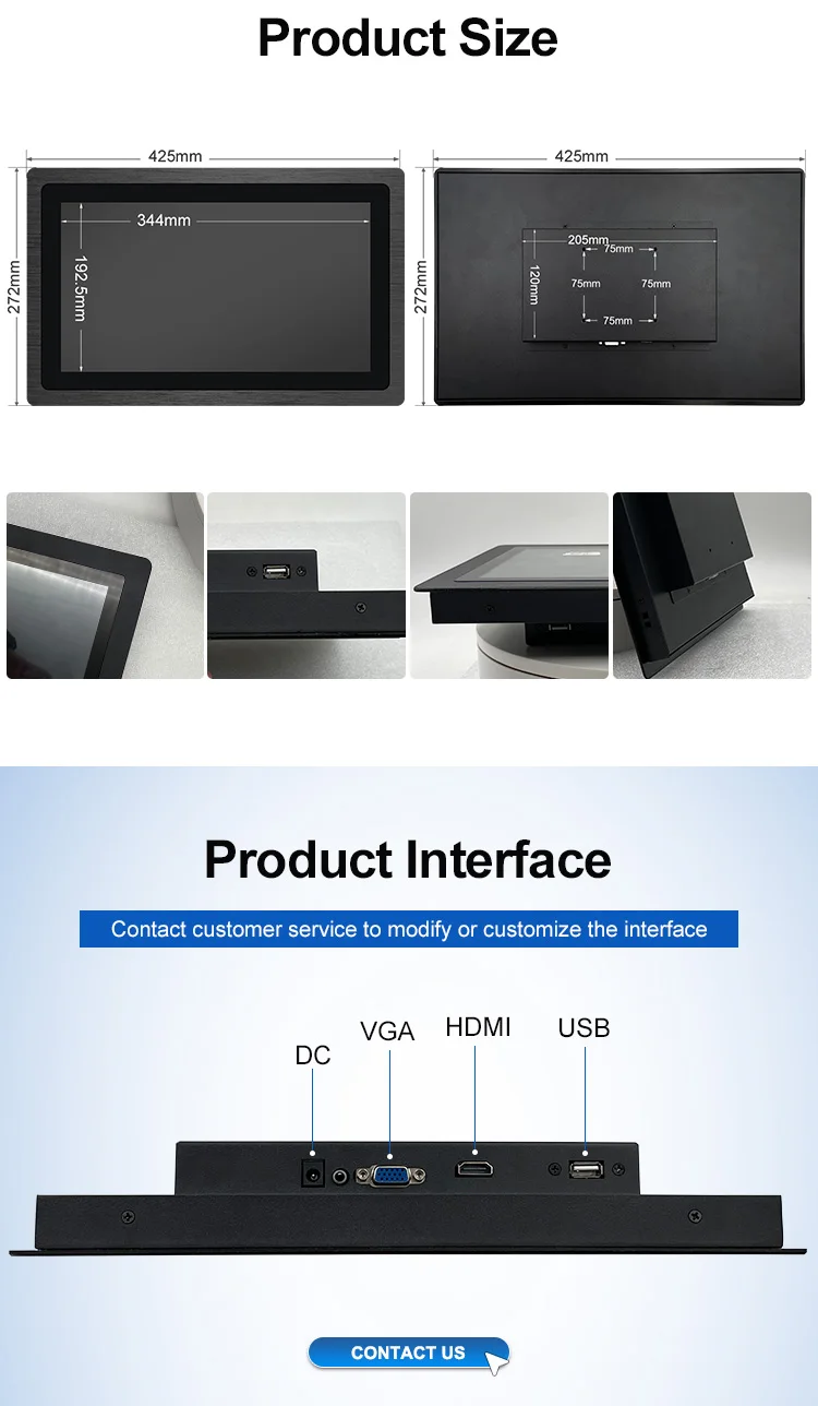 15.6 Inch 1366*768 IPS 1920*1080 VGA Capacitive Touch Metal Aluminum Frame TFT Embedded Pure Flat Industrial LED Monitor