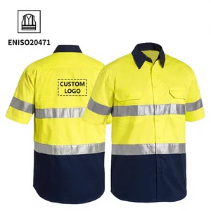 Wholesale EN20471 100% Cotton Hi Vis Men Workwear Construction Custom Logo Mining Short Sleeve Work Wear Reflective Safety Shirt