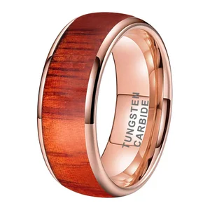 Coolstyle Jewelry 8mm Rose Gold Tungsten Ring for Men Women Engagement Wedding Band Red Sandalwood Inlay Domed Comfort Fit