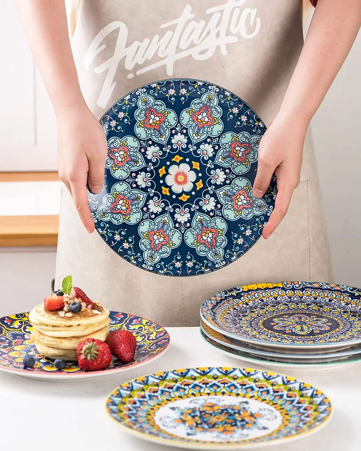 Böhmische Keramik Teller 8,7 Zoll Große Dessert Pasta Salat Teller Porzellan Bunte Servier Geschirr