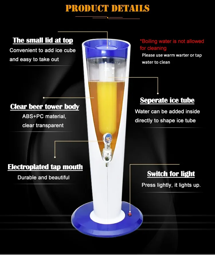OEM High Quality Customized Logo Football Theme Beer Tower White Green LED 3 Litres Capacity
