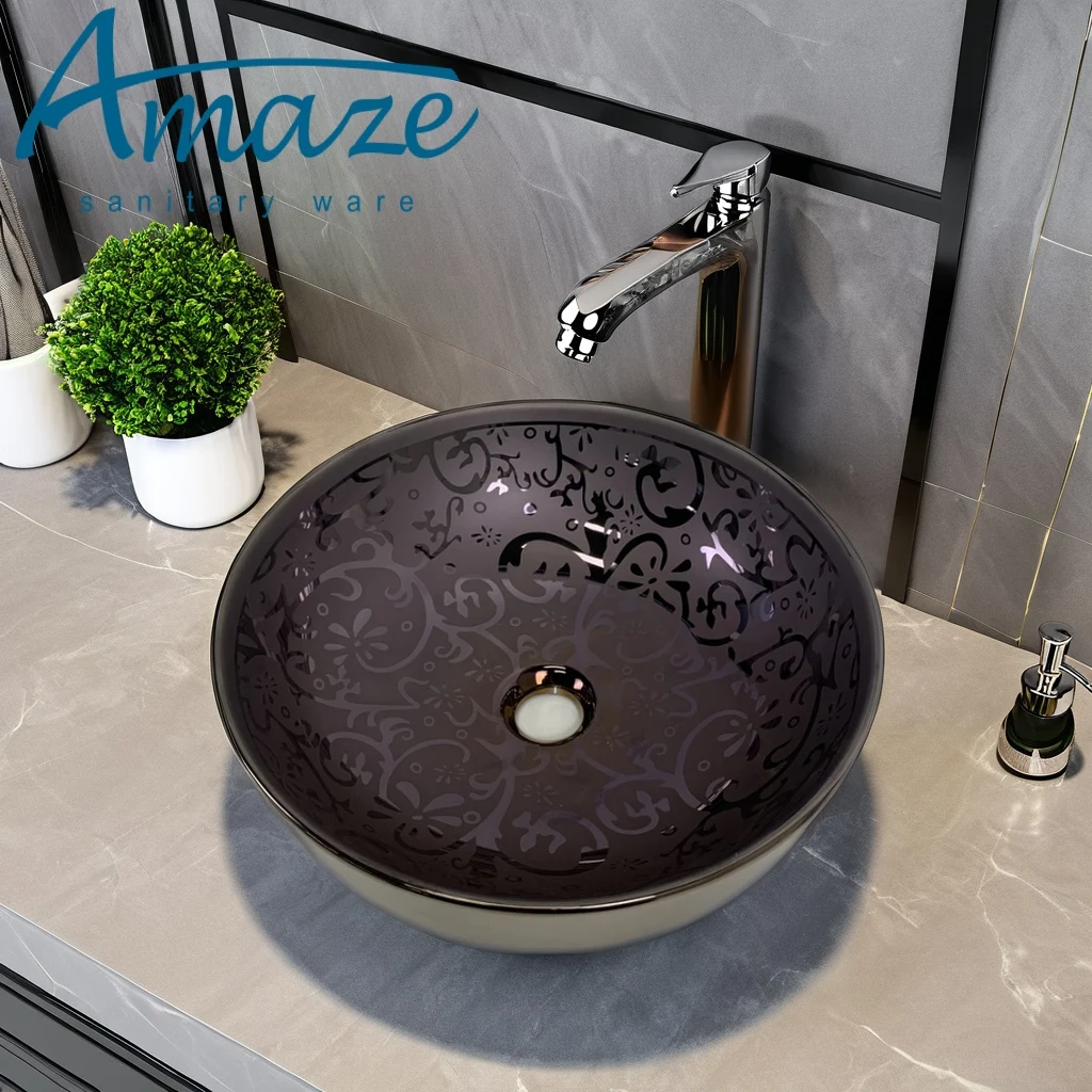 Color pattern european style counter top basin electroplating wash basin round ceramic art basin factory