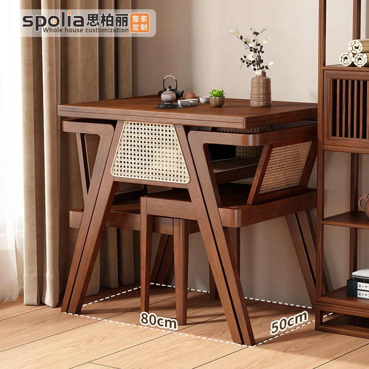 Solid Wood Balcony Dining Table with Rattan Chairs Small Coffee Tea Set for Leisure Courtyard Negotiation Stackable Storage