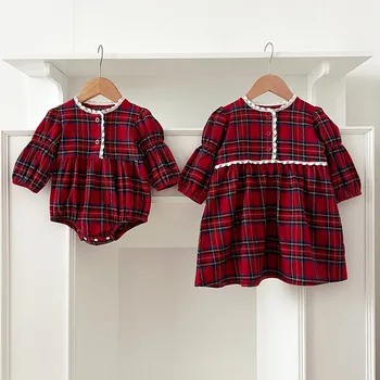 Girls' sisters outfit autumn new baby girls' red plaid girls' dress long sleeve baby rompers