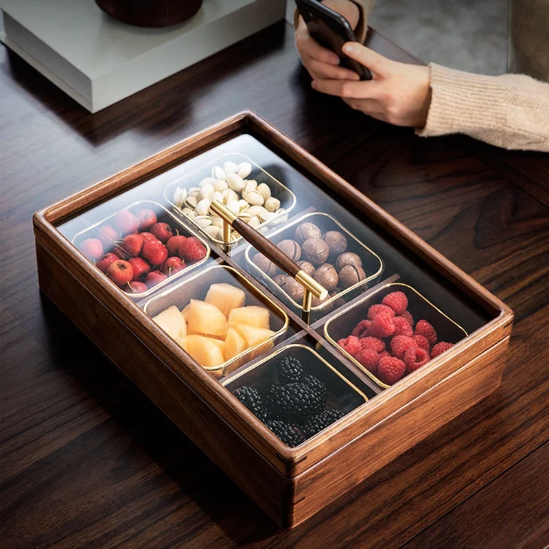 BSCI Factory Custom Chinese Style Nuts Trays With Compartments Walnut Wooden Serving Tray for Snacks