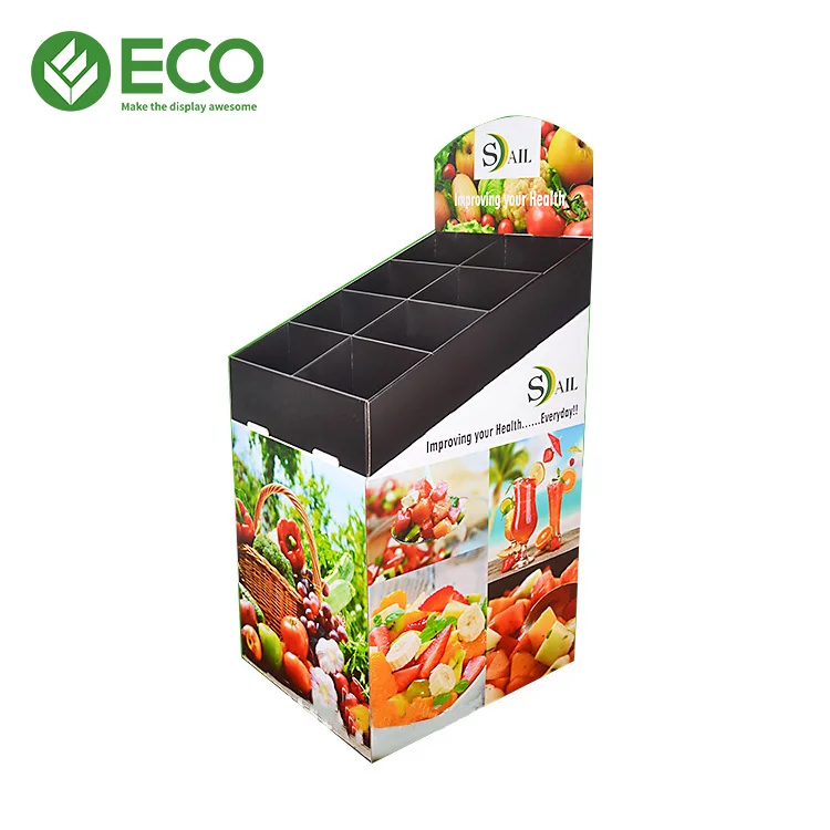 OEM ODM Custom Logo 12-Compartment Multi-Bin Corrugated Cardboard Floor Display Racks for Fresh Produce Supermarket