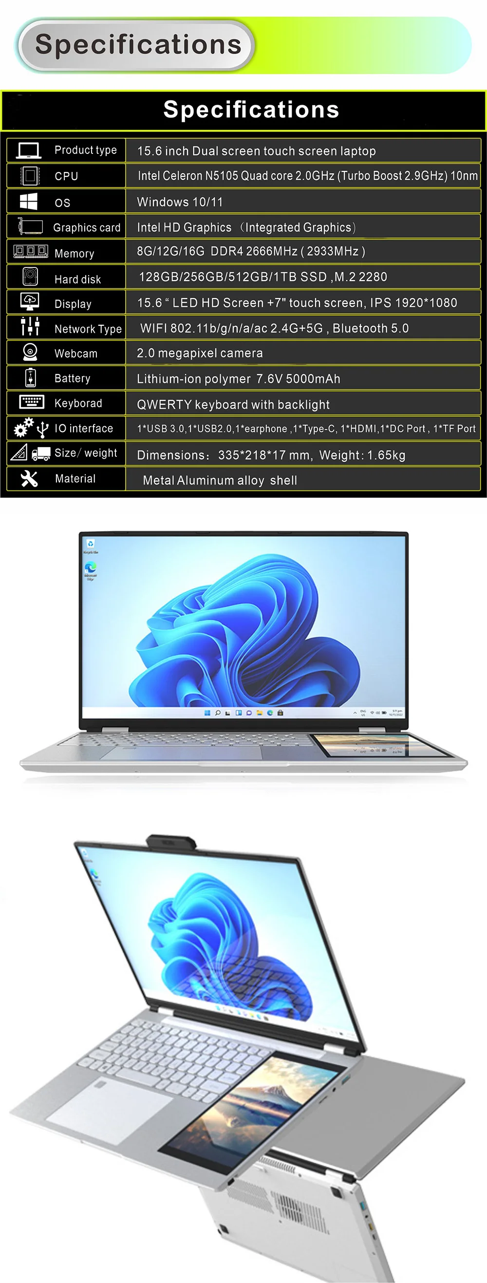 2024 Dual screen Laptop 15.6'' IPS Display +7'' Touch Screen Intel Quad Core 16GB RAM DDR4+512GB SSD Win 11 Notebook Computer