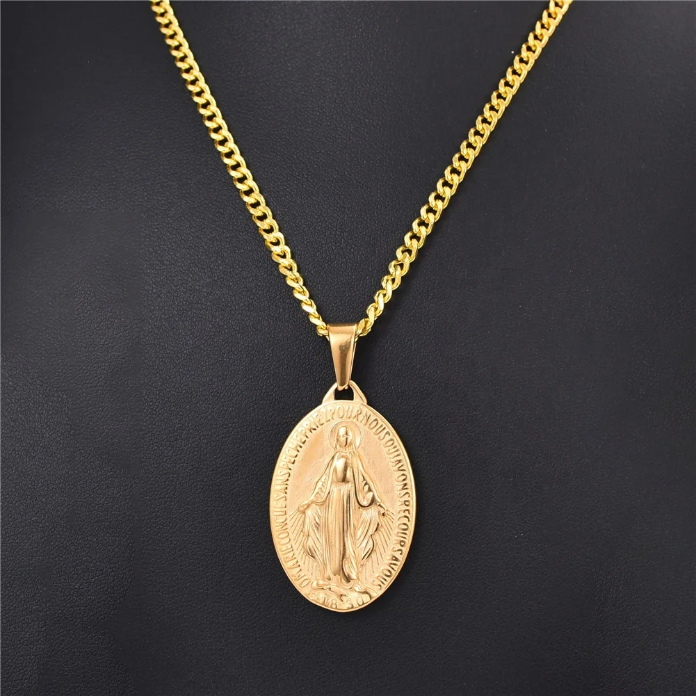 Hip Hop Maria Oval Necklace Titanium Steel Virgin Mary Pendant Necklace for Women