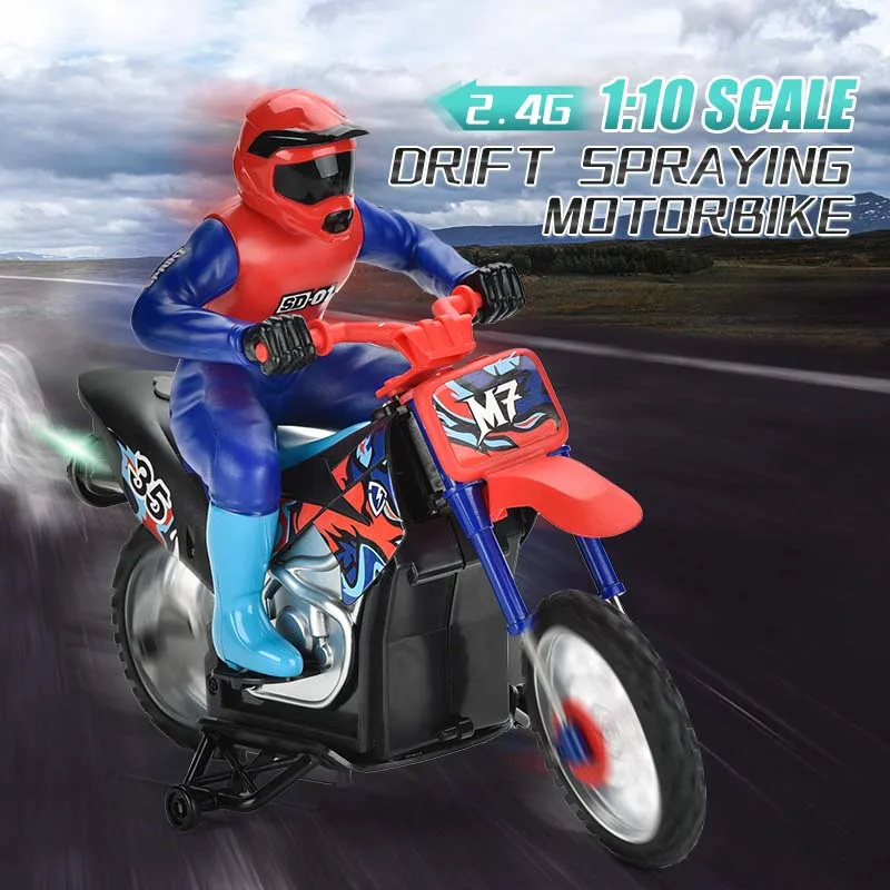 Electric Stunt Motorcycle Car Toys 1/10 2.4GHz Remote Control Spray Drift  Racing Motorbike Model with Lights
