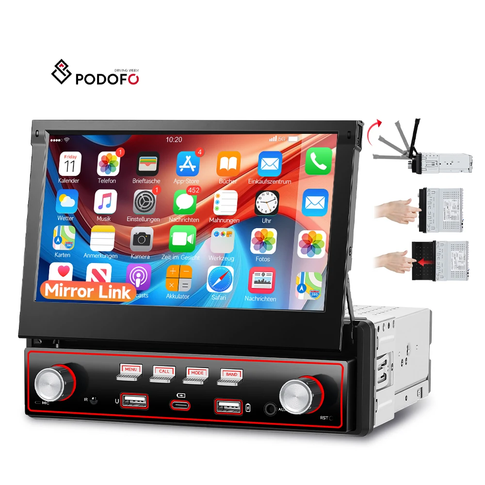 Podofo Single Din Car Stereo Radio 7 Inch Touch Screen HD Car MP5 Player Retractable USB/Type-C/BT/EQ FM MIC Universal OEM ODM A4606