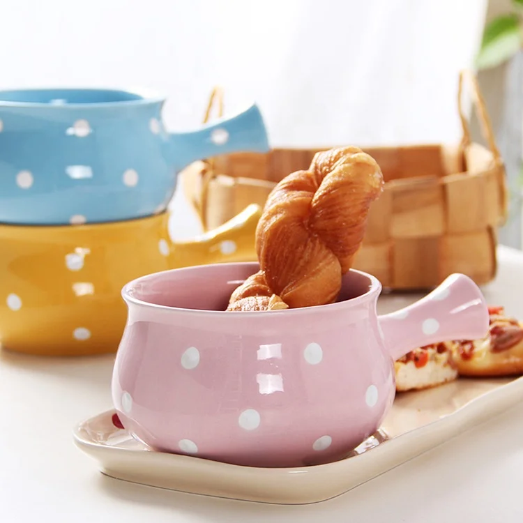 Lead-Free Safe Dinnerware Nordic Polka Dots Salad Soup Cereal Bowl Single Handle Ceramic Bowl Ceramic Handle Bowl