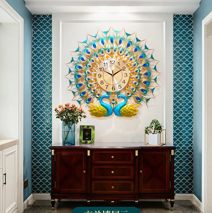 New Fashion Luxury Clock Decor Big 3D Antique Style Resin Peacock Fancy Gold Wall Clocks