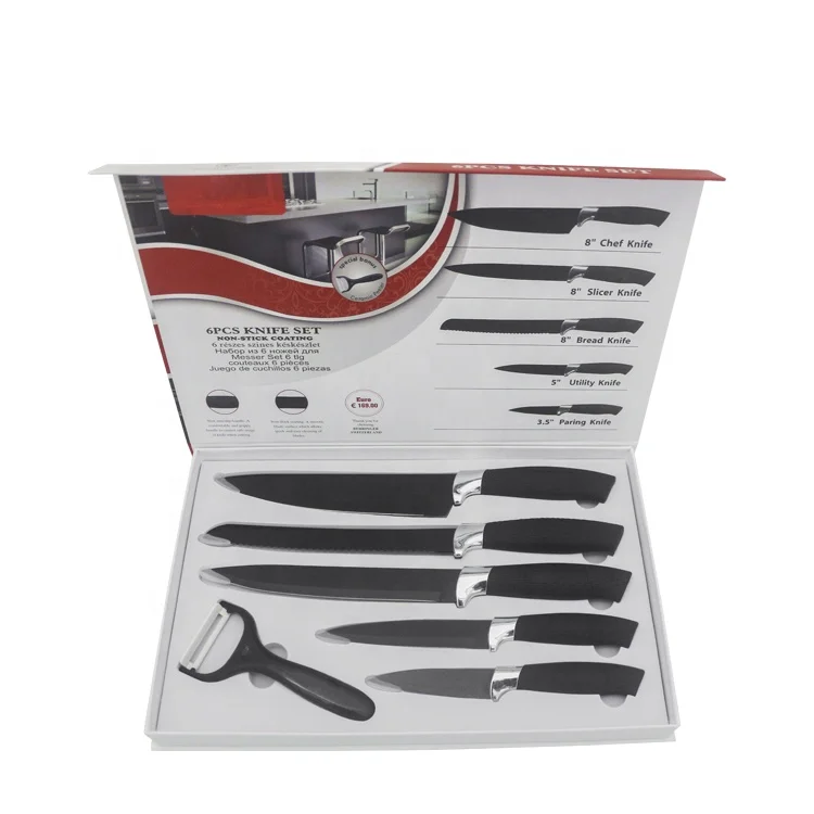 6 шт. швейцарская линия, антипригарное покрытие, Черный ПП/ТПР, ручка, Подарочная коробка, нож, кухонный набор