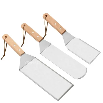 3 Pieces BBQ Spatula With Wood Handle Grill Accessories Teppanyaki Stainless Steel Burger Turner Griddle Spatula Set