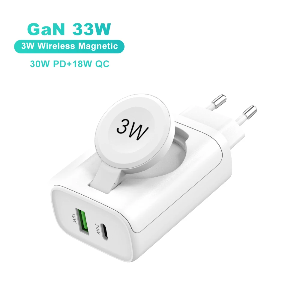 Fast Charger Factory GaN 3 in 1 Multifunctional Wall Charger 3W SmartWatch Wireless Charging 18W QC 30W PD for Smart Phone