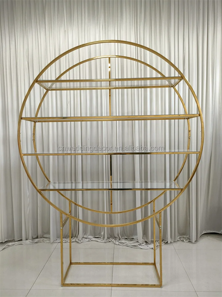 Smooth  Design Backdrop Wall High Glass Round Gold Metal Dessert Wine Shelf Rack Bar Cabinet for Wedding Event Decoration