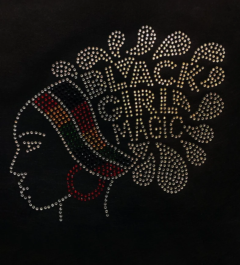 OEM ODM All Natural Afro Girl Rhinestone Transfer Wholesale Black Queen rhinestone heat transfer custom for t shirt