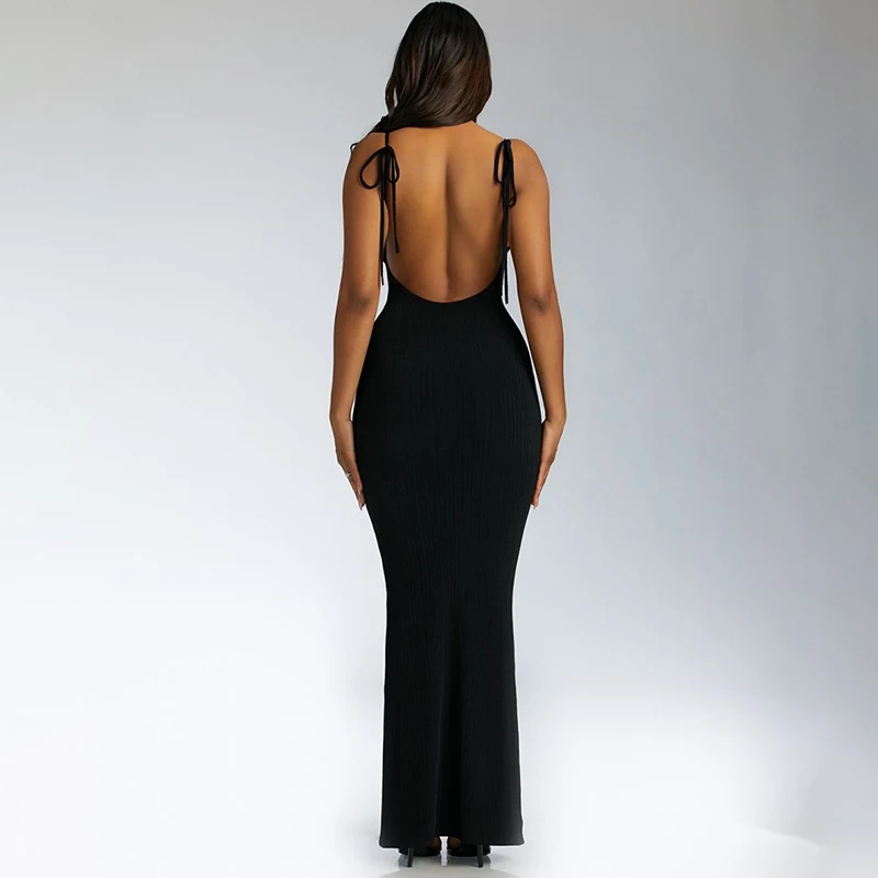 Women's Lace up Casual Black Sleeveless Maxi Bodycon Vestidos Elegantes  Para Mujer Sexy Backless Long Ladies Tight Dress Women