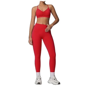 Sports Yoga Set Solid Pattern Breathable Bra Vest & Bottom Pants with Elastic Waist for Fitness and Exercise