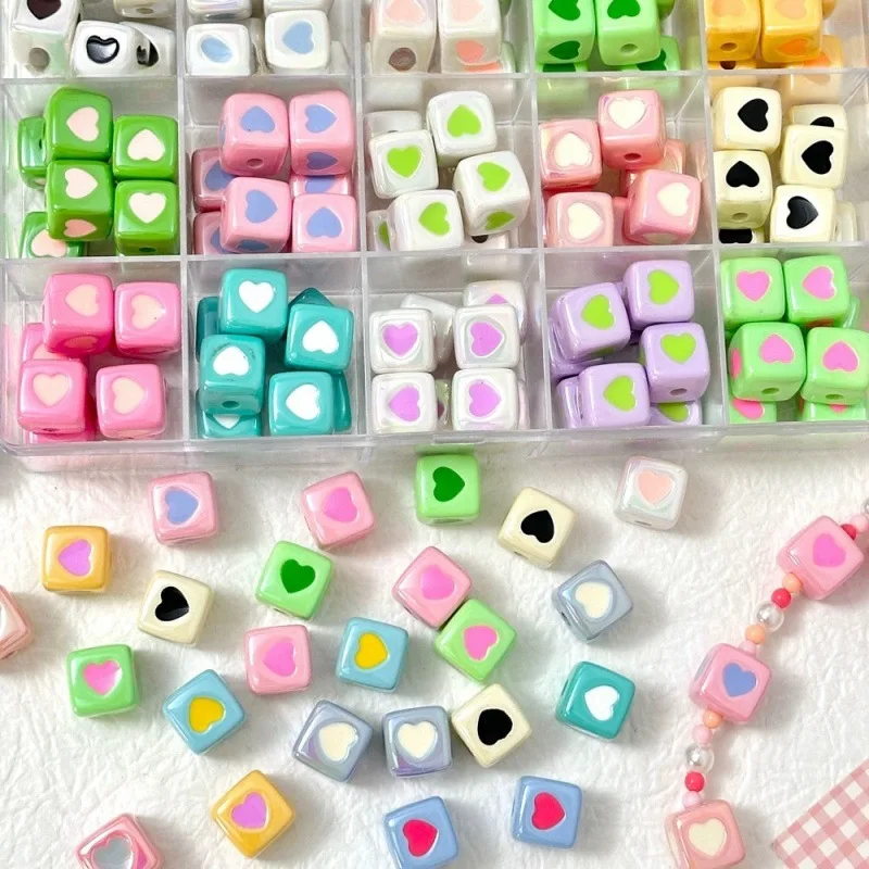 Candy Colored Coated Heart Shape Square Cube Acrylic Beads for Mobile Phone Chain Making