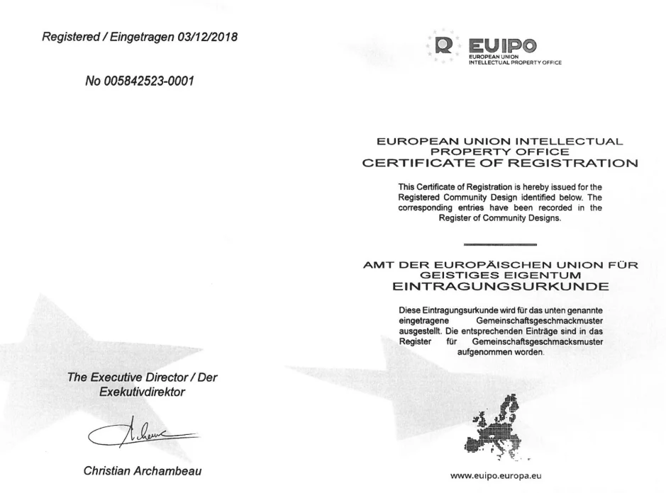 EUROPEAN UNION INTELLECTUAL PROPERTY OFFICE CERTIFICATE OF REGISTRATION