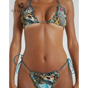 2026 New Women's Sexy Animal Print Ruffled Bikini Set Adjustable String Beach Swimwear Custom Women's Swimsuit