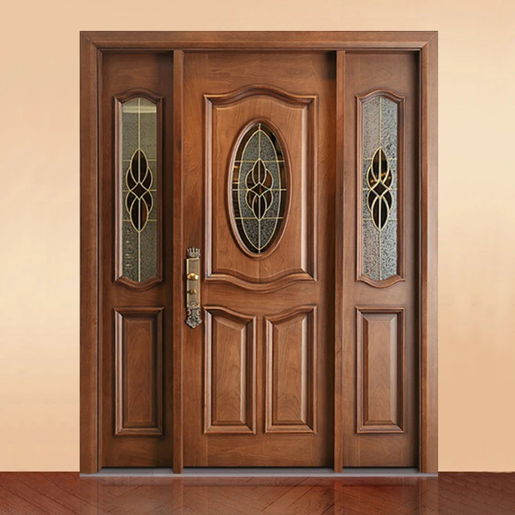 China Factory Prices Contemporary Exterior Simple Oval Glass Teak Solid Wood Front Entry Door Designs