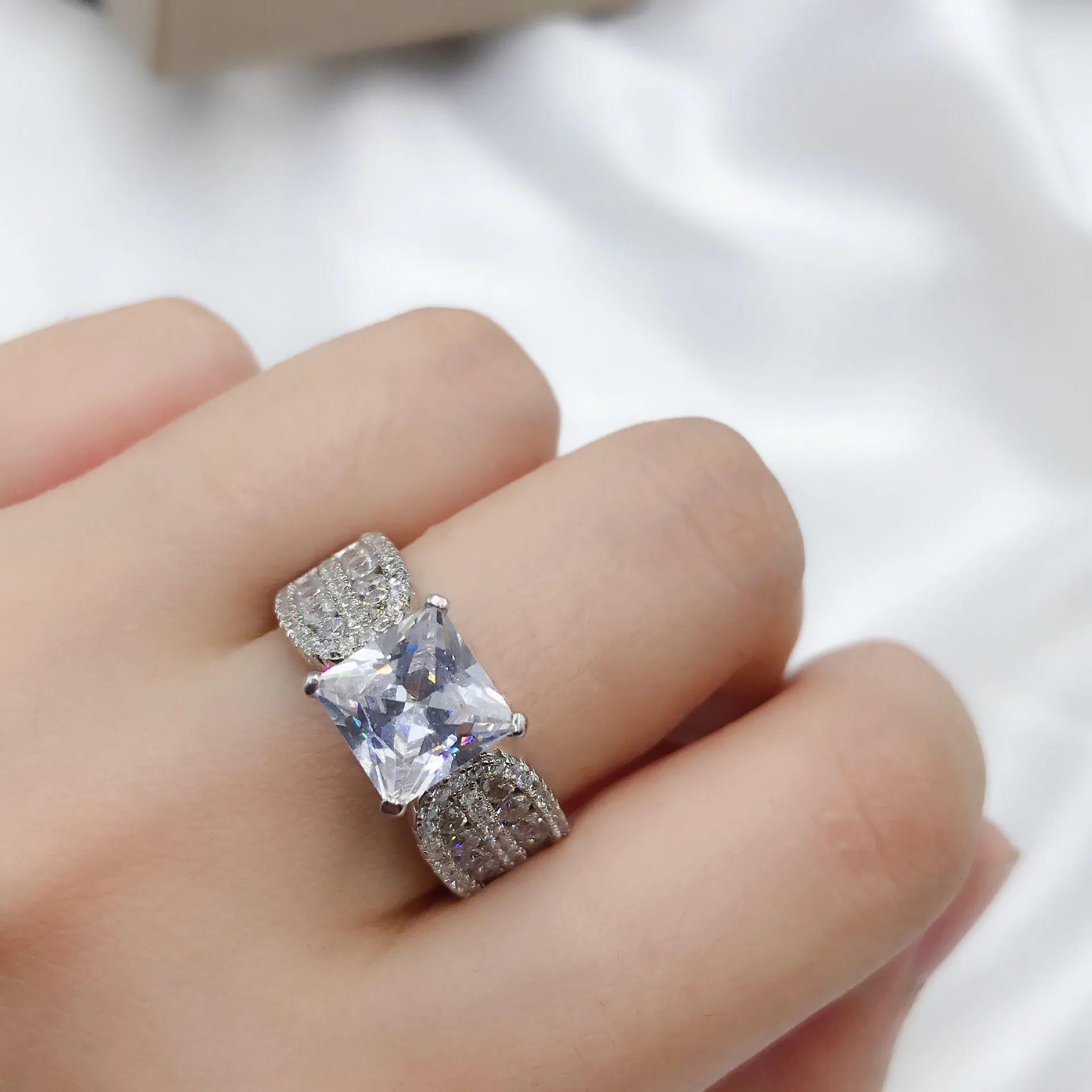 Womens 925 Sterling Silver Square Diamond Band Rings Jewelry