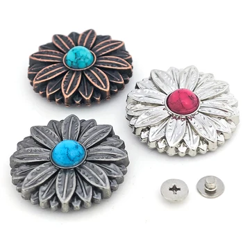 Factory Wholesales 30mm Sliver Antique Brass Western Flower Turquoise Conchos for Saddles Leathercraft Decor