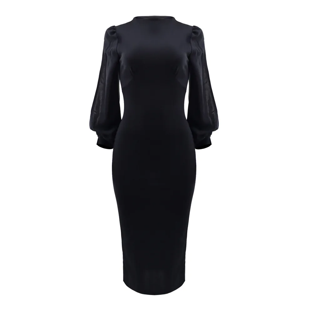 New Fashion Casual Style Long Puff Sleeve Elegant Office Dresses Solid ...